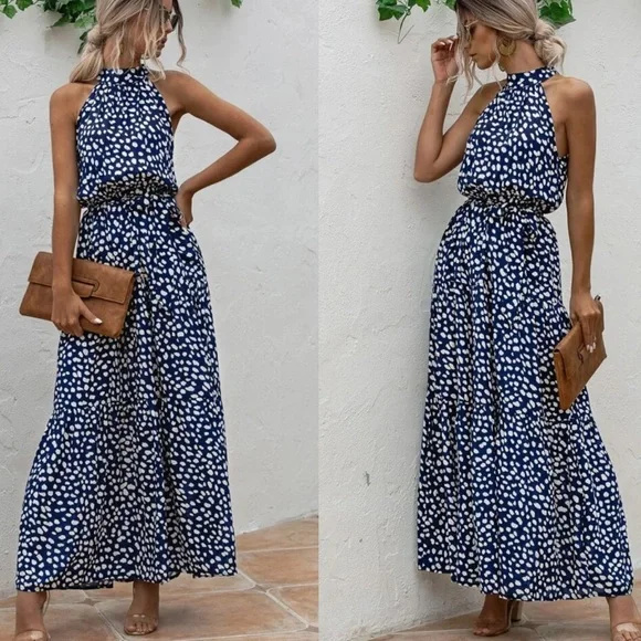 Elegant Blue and White Polka Dot Maxi Dress - Picture 3 of 3